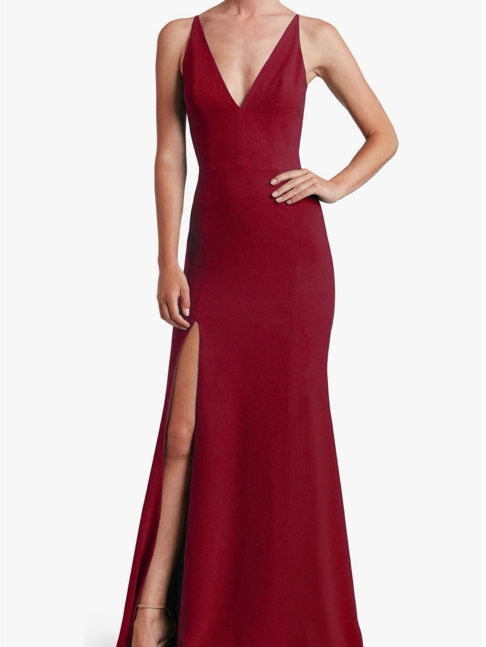 Dress the Population Red V-Neck Slit Prom Gown